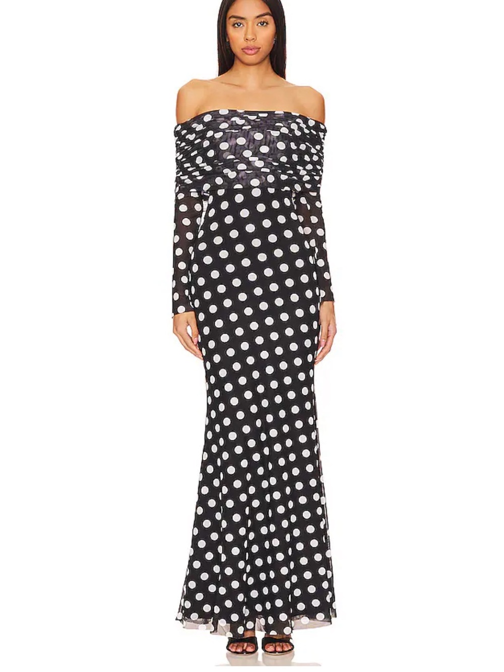 AFRM Thelma Dress - Black and White Polka Dot Off-Shoulder Maxi Dress - Medium